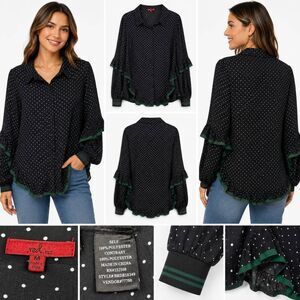 Red BKE Black Polka Dot Ruffle Button Blouse M